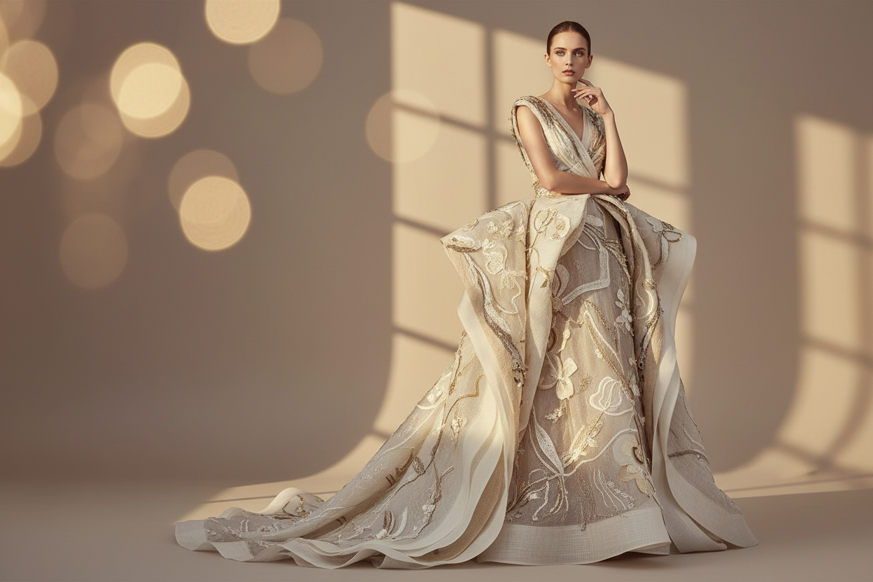 Luxury fashion editorial banner, model wearing a handcrafted one-of-a-kind garment, soft neutral background, warm natural light, couture-inspired styling, elegant pose, vintage-modern aesthetic, shallow depth of field, high-end editorial photography, minimal composition. without any text